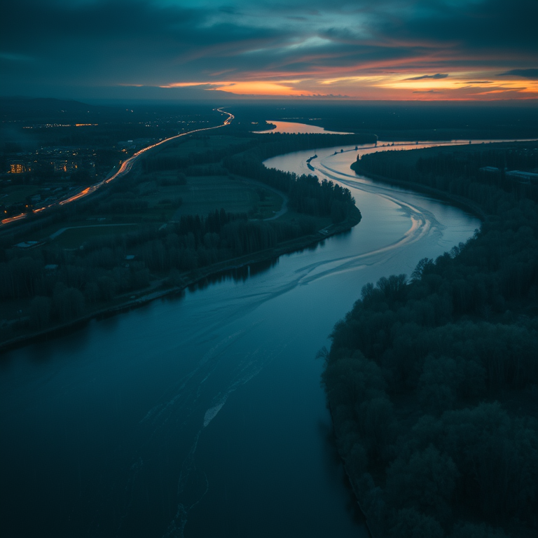 charcoal drawing, a drone view of a winding river, during twilight, with rain reflections, deep rich jewel tones, tilt-shift miniature effect, natural light, award-winning composition, peaceful and serene