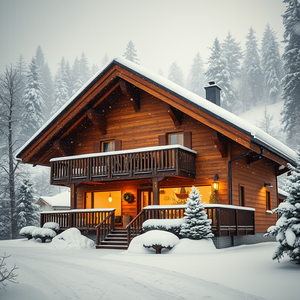 minimalist design, a Swiss chalet in winter, at midday, with snow falling, golden warm palette, telephoto compression, studio quality lighting, photorealistic, cozy and warm