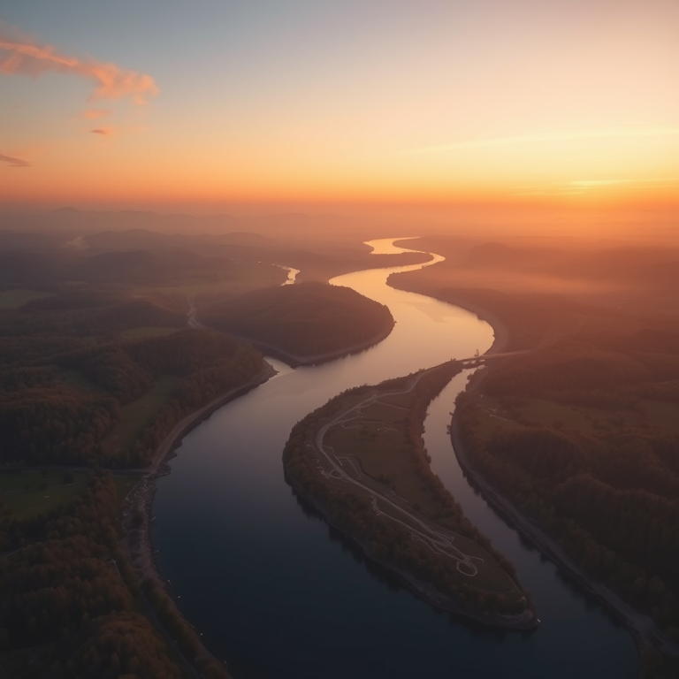 concept art, a drone view of a winding river, during twilight, with gentle breeze, pastel soft colors, aerial drone perspective, soft diffused lighting, 8K UHD, cozy and warm