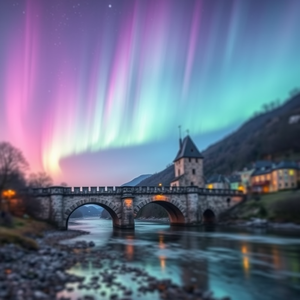minimalist design, a medieval stone bridge over a river, at midday, with aurora in sky, vibrant saturated colors, tilt-shift miniature effect, neon glow, highly detailed, dramatic and powerful