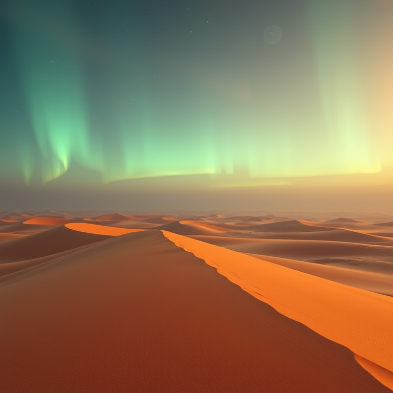 hyper-realistic render, a vast desert with sand dunes, at dawn, with aurora in sky, teal and orange, close-up detail shot, soft diffused lighting, masterpiece quality, cozy and warm