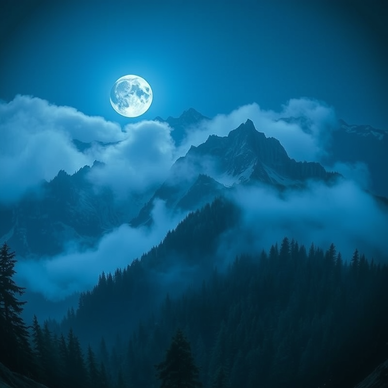 digital art, a majestic mountain landscape, under a full moon, with misty atmosphere, cool blue tones, fish-eye lens, neon glow, masterpiece quality, mysterious and ethereal