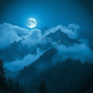 digital art, a majestic mountain landscape, under a full moon, with misty atmosphere, cool blue tones, fish-eye lens, neon glow, masterpiece quality, mysterious and ethereal