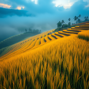 oil painting, a terraced rice paddy in Bali, at sunrise, with fog rolling in, teal and orange, macro extreme close-up, natural light, photorealistic, romantic and dreamy