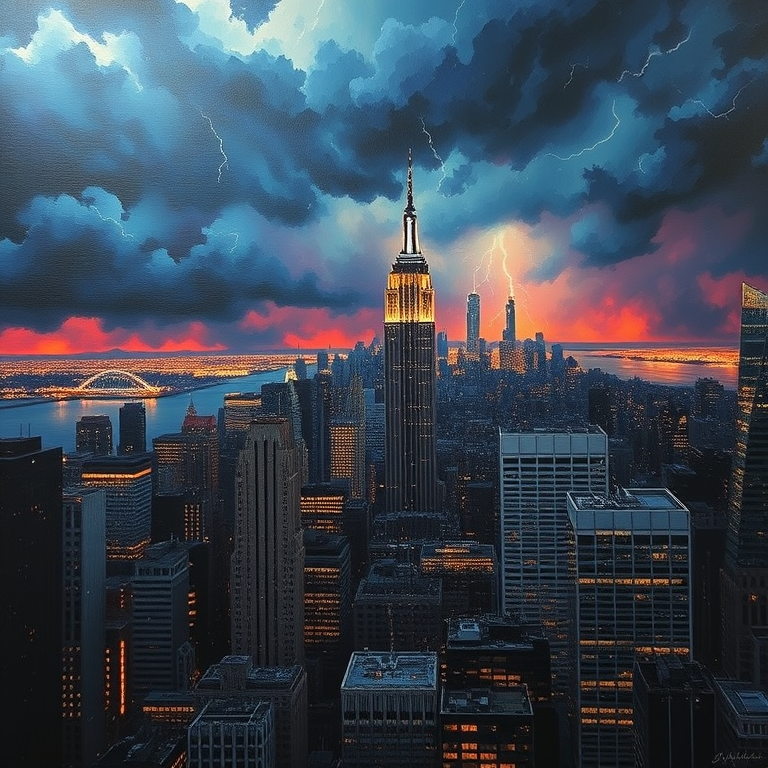 oil painting, a New York City skyline at night, during a storm, with lightning in distance, deep rich jewel tones, close-up detail shot, backlit with sun flare, photorealistic, dramatic and powerful