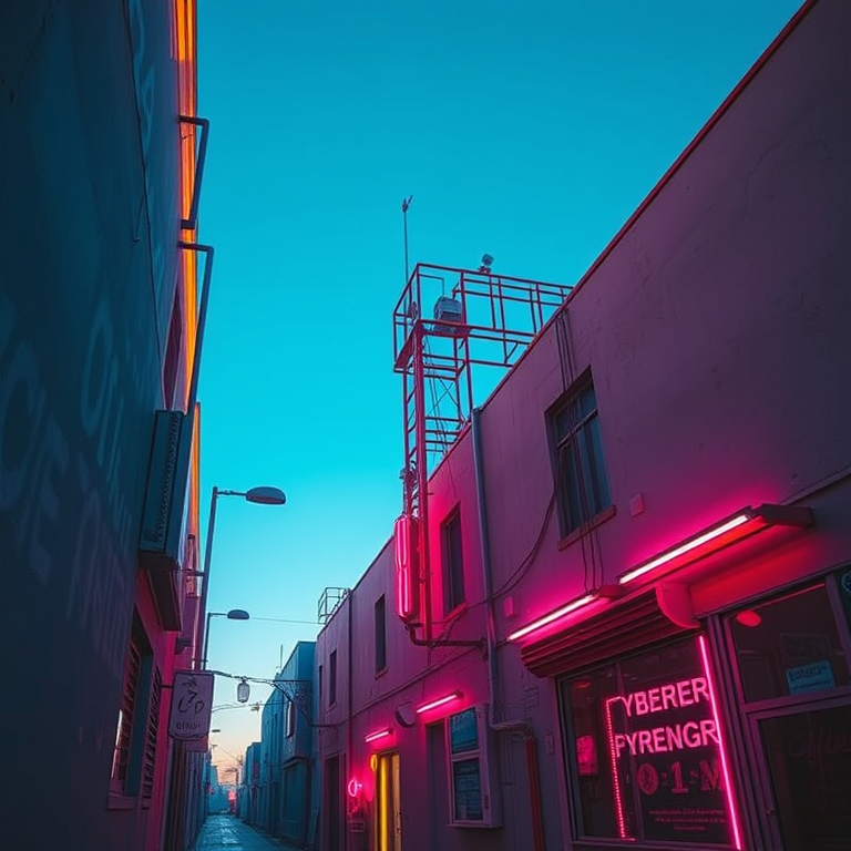 minimalist design, a neon-lit cyberpunk alleyway, during golden hour, with clear blue sky, deep rich jewel tones, panoramic view, natural light, sharp focus, whimsical and playful