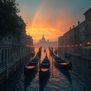 3D render, a Venetian canal with gondolas, during twilight, with rainbow in background, warm tones, wide angle view, dappled light through trees, ultra high resolution, melancholic and contemplative