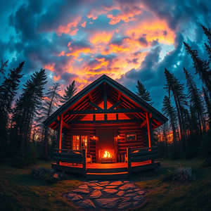 oil painting, a cozy cabin in the woods with fireplace, at sunset, with dramatic cloud formations, vibrant saturated colors, fish-eye lens, backlit with sun flare, highly detailed, cozy and warm