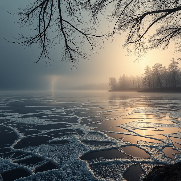 3D render, a frozen lake with ice patterns, in early morning mist, with lightning in distance, muted earth tones, macro extreme close-up, dappled light through trees, award-winning composition, dark and moody