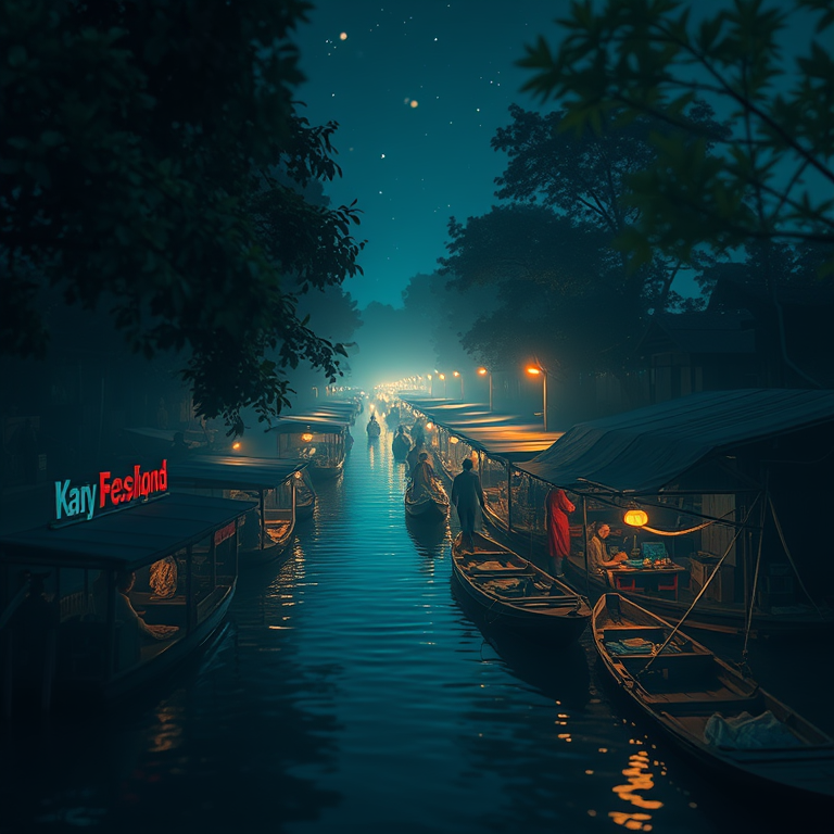 anime style, a floating market in Thailand, at night under stars, with misty atmosphere, deep rich jewel tones, tilt-shift miniature effect, dappled light through trees, photorealistic, melancholic and contemplative