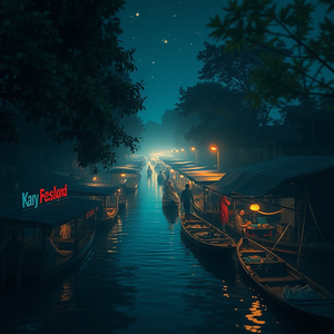 anime style, a floating market in Thailand, at night under stars, with misty atmosphere, deep rich jewel tones, tilt-shift miniature effect, dappled light through trees, photorealistic, melancholic and contemplative