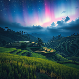 impressionist painting, a terraced rice paddy in Bali, at midday, with aurora in sky, deep rich jewel tones, telephoto compression, soft diffused lighting, highly detailed, peaceful and serene