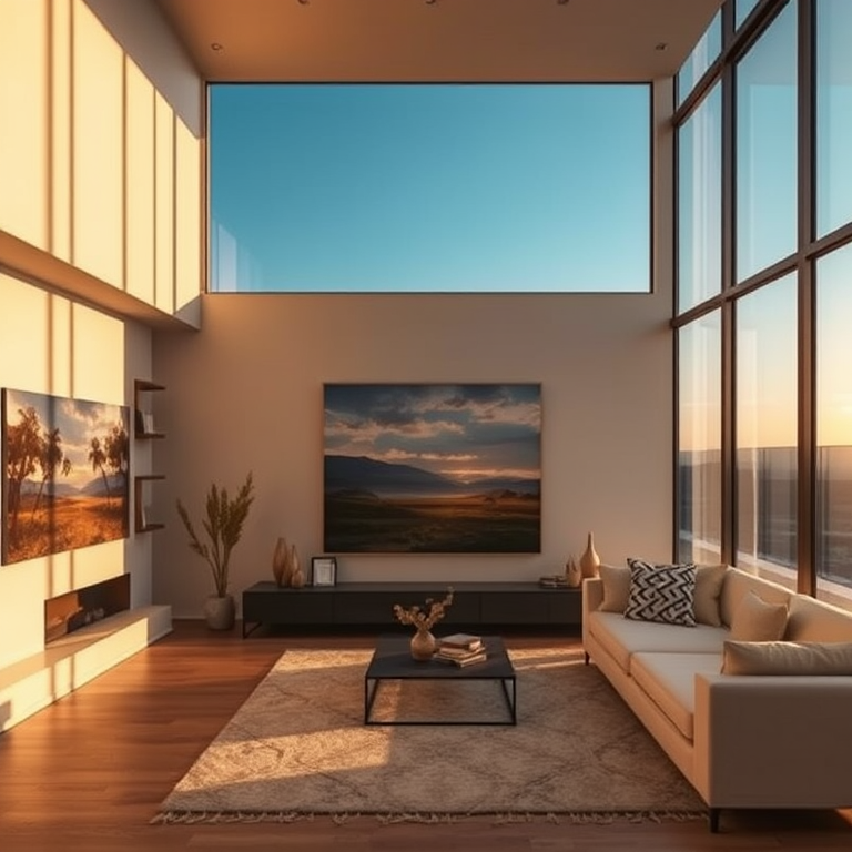 impressionist painting, a modern minimalist interior design, during golden hour, with clear blue sky, warm tones, aerial drone perspective, moody atmospheric lighting, award-winning composition, dramatic and powerful