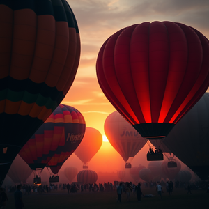 digital art, a colorful hot air balloon festival, at sunset, with misty atmosphere, high contrast, close-up detail shot, moody atmospheric lighting, sharp focus, romantic and dreamy