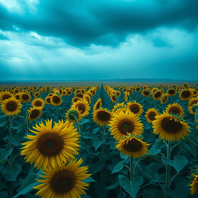cinematic shot, a sunflower field stretching to horizon, during a storm, with misty atmosphere, cool blue tones, telephoto compression, natural light, sharp focus, awe-inspiring and grand