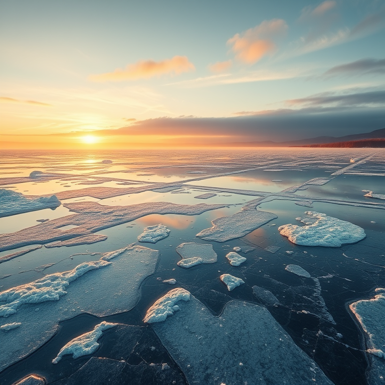 concept art, a frozen lake with ice patterns, during golden hour, with gentle breeze, golden warm palette, panoramic view, natural light, RAW photo, romantic and dreamy