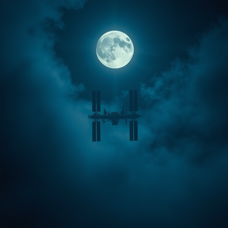 oil painting, a space station orbiting Earth, under a full moon, with misty atmosphere, cool blue tones, tilt-shift miniature effect, soft diffused lighting, highly detailed, melancholic and contemplative