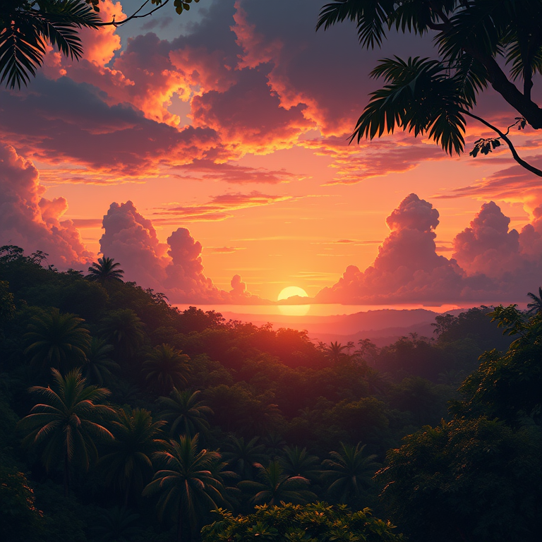 anime style, a tropical rainforest canopy, at sunset, with dramatic cloud formations, high contrast, panoramic view, studio quality lighting, professional photography, cozy and warm