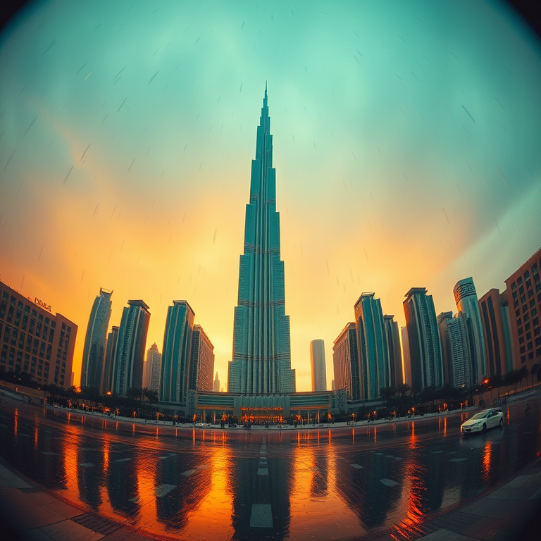 3D render, a Dubai skyline with Burj Khalifa, during golden hour, with rain reflections, teal and orange, fish-eye lens, natural light, professional photography, dramatic and powerful