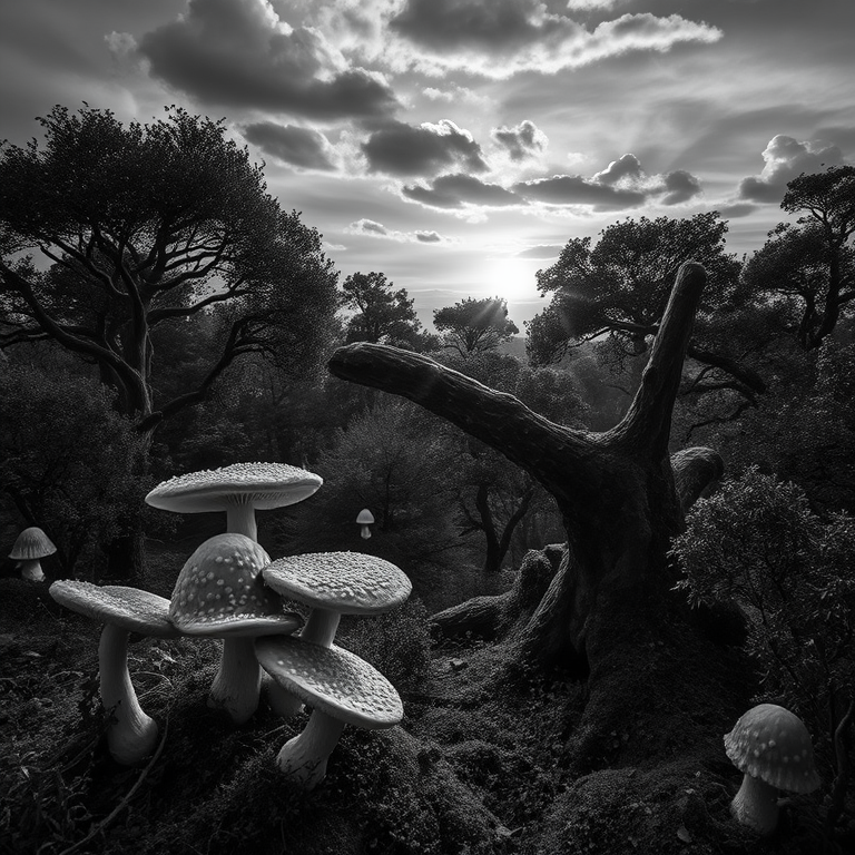 impressionist painting, a fairy tale mushroom forest, during twilight, with rainbow in background, monochrome black and white, aerial drone perspective, dappled light through trees, award-winning composition, whimsical and playful