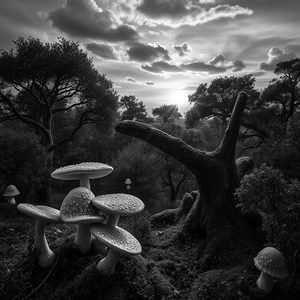 impressionist painting, a fairy tale mushroom forest, during twilight, with rainbow in background, monochrome black and white, aerial drone perspective, dappled light through trees, award-winning composition, whimsical and playful