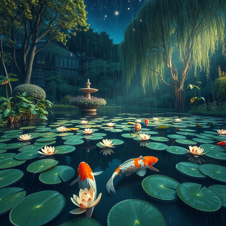 digital art, a koi pond with lily pads, at night under stars, with rain reflections, pastel soft colors, wide angle view, dappled light through trees, award-winning composition, peaceful and serene