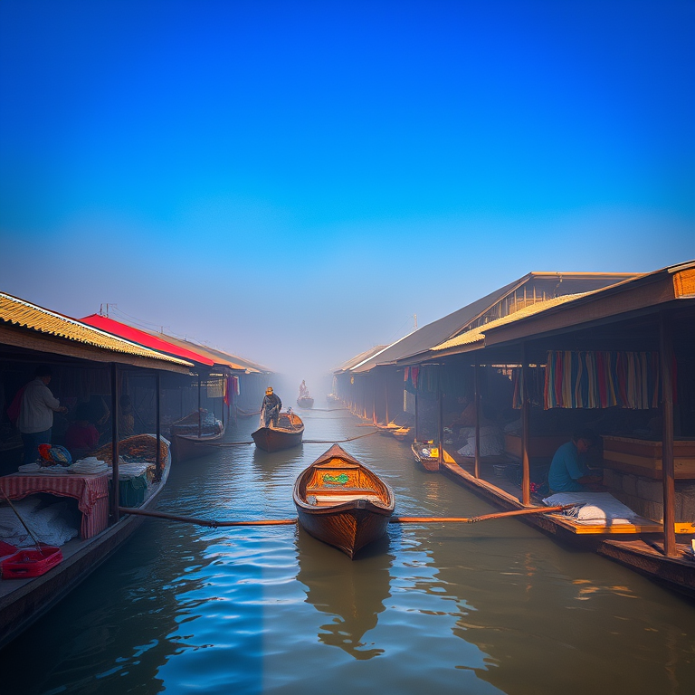 digital art, a floating market in Thailand, in early morning mist, with clear blue sky, muted earth tones, close-up detail shot, studio quality lighting, ultra high resolution, energetic and vibrant