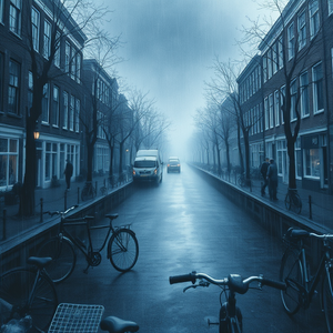 charcoal drawing, an Amsterdam canal with bicycles, during a storm, with misty atmosphere, cool blue tones, telephoto compression, volumetric light rays, masterpiece quality, cozy and warm