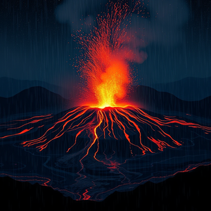 abstract art, a volcanic eruption with lava, at night under stars, with rain reflections, high contrast, panoramic view, soft diffused lighting, RAW photo, peaceful and serene