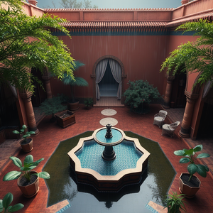 3D render, a Moroccan riad courtyard with fountain, during a storm, with gentle breeze, deep rich jewel tones, aerial drone perspective, dappled light through trees, sharp focus, whimsical and playful