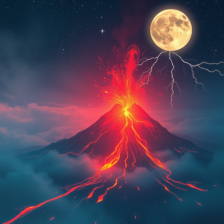 anime style, a volcanic eruption with lava, under a full moon, with lightning in distance, pastel soft colors, wide angle view, studio quality lighting, RAW photo, mysterious and ethereal