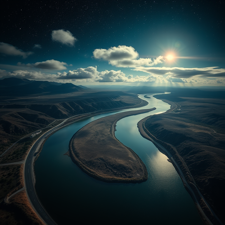 abstract art, a drone view of a winding river, at night under stars, with dramatic cloud formations, muted earth tones, tilt-shift miniature effect, backlit with sun flare, professional photography, whimsical and playful