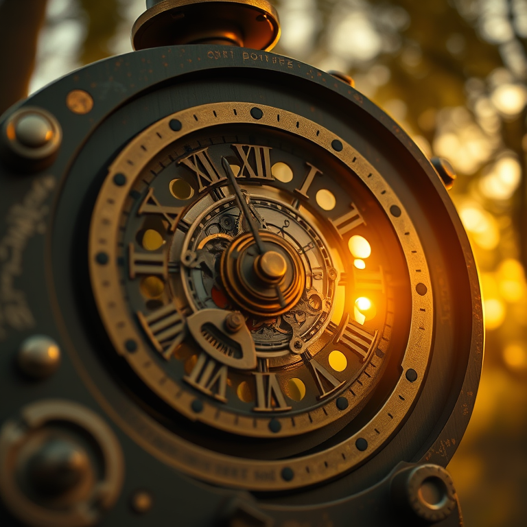 anime style, a steampunk clockwork mechanism, at sunset, with gentle breeze, muted earth tones, macro extreme close-up, dappled light through trees, 8K UHD, whimsical and playful