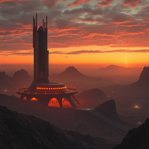retro vintage photo, a futuristic Mars colony, at sunset, with lightning in distance, pastel soft colors, panoramic view, studio quality lighting, ultra high resolution, melancholic and contemplative