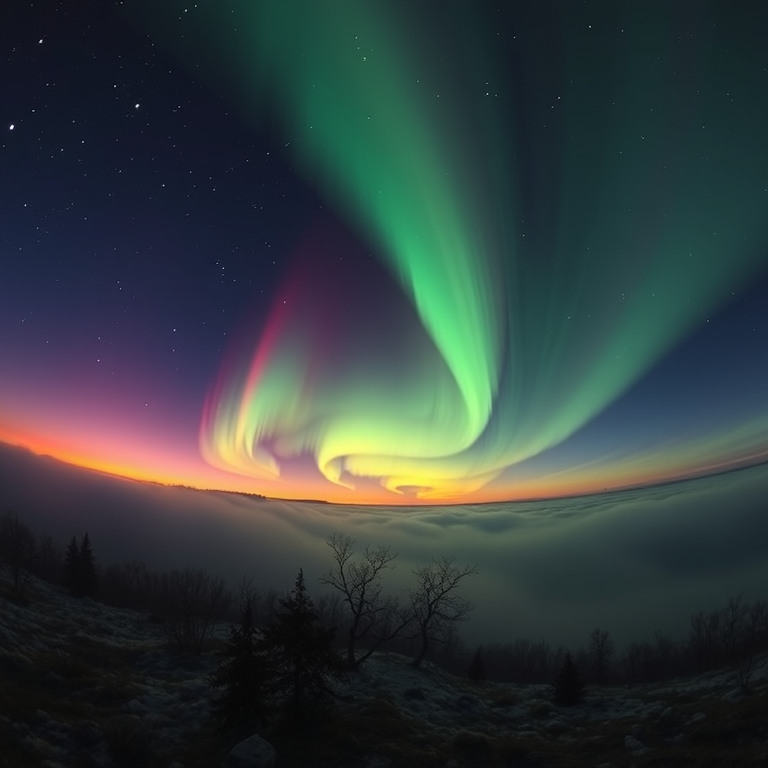 hyper-realistic render, a northern lights aurora display, at sunrise, with fog rolling in, deep rich jewel tones, fish-eye lens, rim lighting, award-winning composition, cozy and warm
