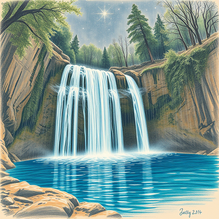 pencil sketch, a waterfall cascading into a pool, at night under stars, with rain reflections, warm tones, wide angle view, dappled light through trees, professional photography, energetic and vibrant