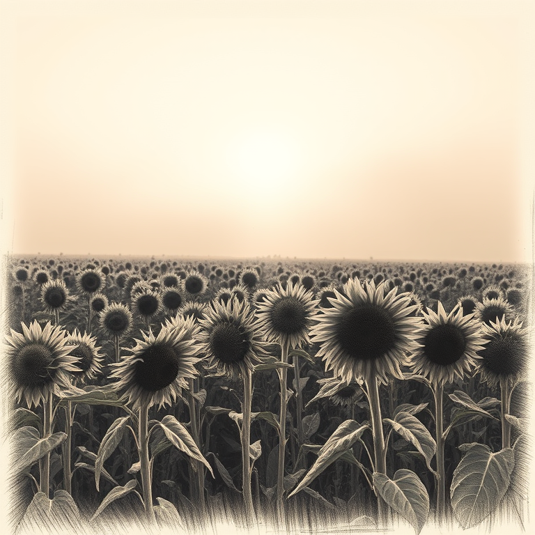 pencil sketch, a sunflower field stretching to horizon, during twilight, with fog rolling in, muted earth tones, low angle dramatic perspective, moody atmospheric lighting, award-winning composition, peaceful and serene