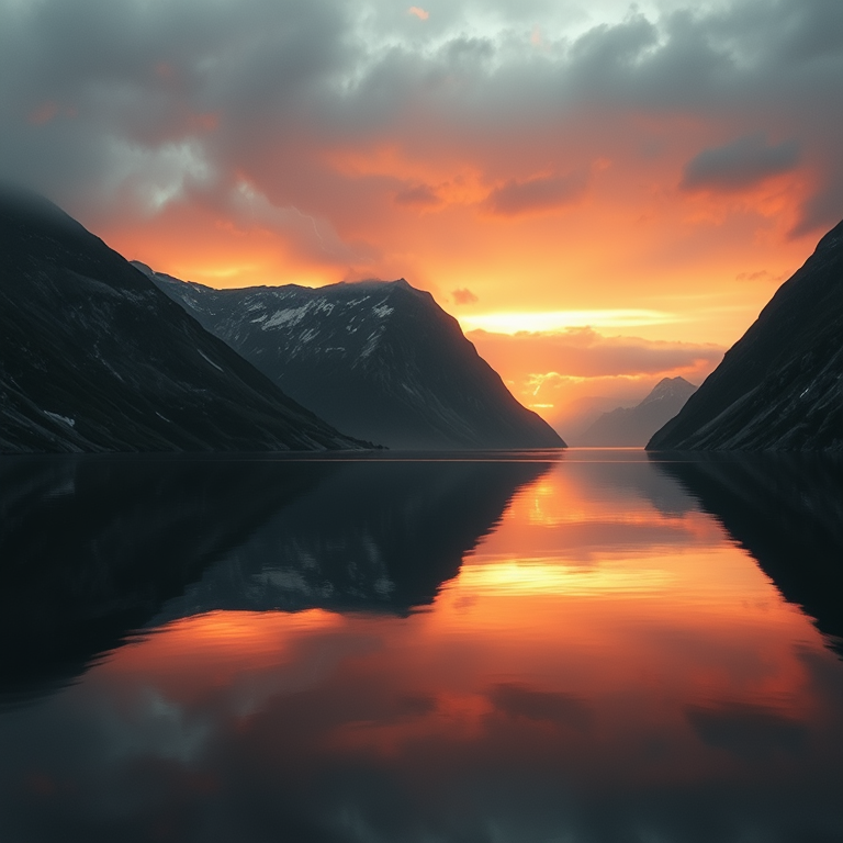 hyper-realistic render, a Norwegian fjord with mirror water, at sunset, with lightning in distance, muted earth tones, macro extreme close-up, rim lighting, photorealistic, melancholic and contemplative