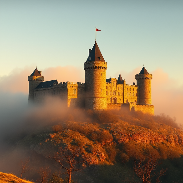 hyper-realistic render, an ancient castle on a hilltop, during golden hour, with fog rolling in, pastel soft colors, low angle dramatic perspective, dramatic side lighting, highly detailed, peaceful and serene