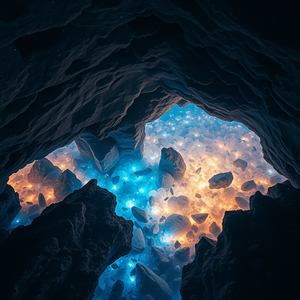 hyper-realistic render, a crystal cave with glowing minerals, at night under stars, with aurora in sky, cool blue tones, aerial drone perspective, dramatic side lighting, highly detailed, dramatic and powerful