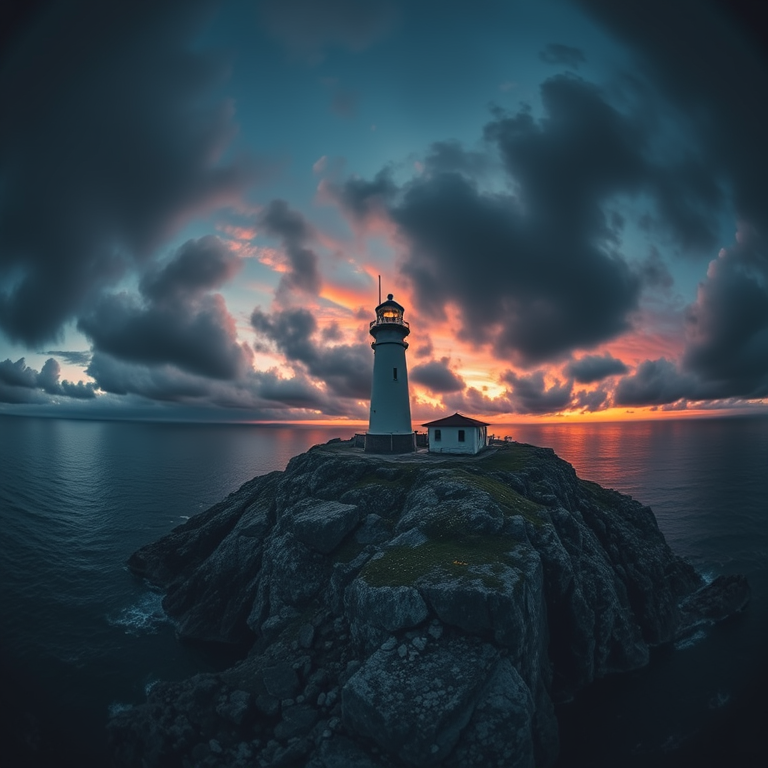 cinematic shot, a lighthouse on rocky cliffs, at sunrise, with dramatic cloud formations, deep rich jewel tones, fish-eye lens, natural light, award-winning composition, melancholic and contemplative