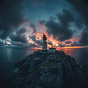 cinematic shot, a lighthouse on rocky cliffs, at sunrise, with dramatic cloud formations, deep rich jewel tones, fish-eye lens, natural light, award-winning composition, melancholic and contemplative