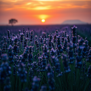 impressionist painting, a lavender field in Provence, at sunset, with misty atmosphere, deep rich jewel tones, macro extreme close-up, soft diffused lighting, 8K UHD, dramatic and powerful