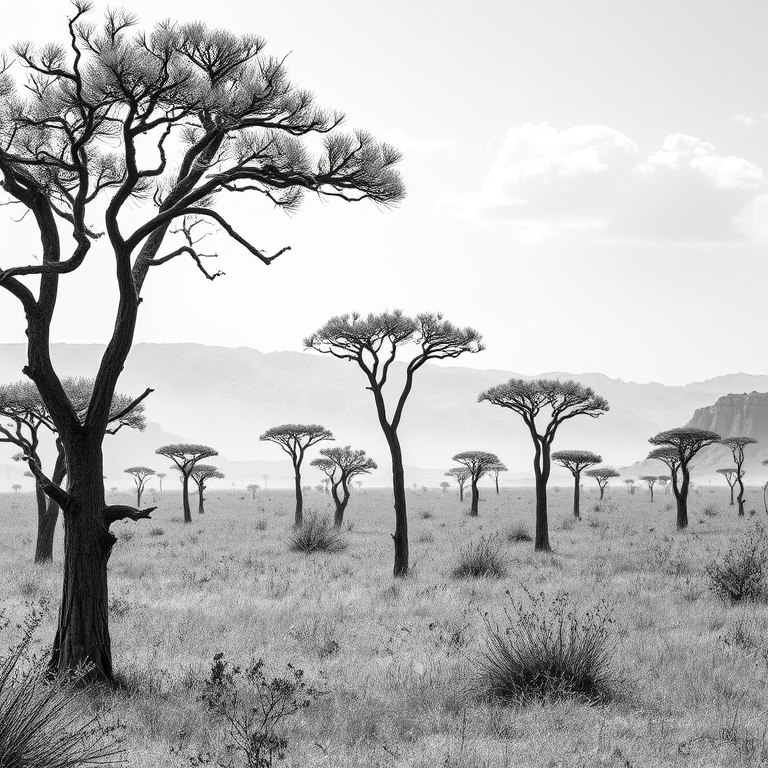 watercolor painting, an African savanna with acacia trees, at midday, with gentle breeze, monochrome black and white, macro extreme close-up, natural light, 8K UHD, energetic and vibrant