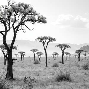 watercolor painting, an African savanna with acacia trees, at midday, with gentle breeze, monochrome black and white, macro extreme close-up, natural light, 8K UHD, energetic and vibrant