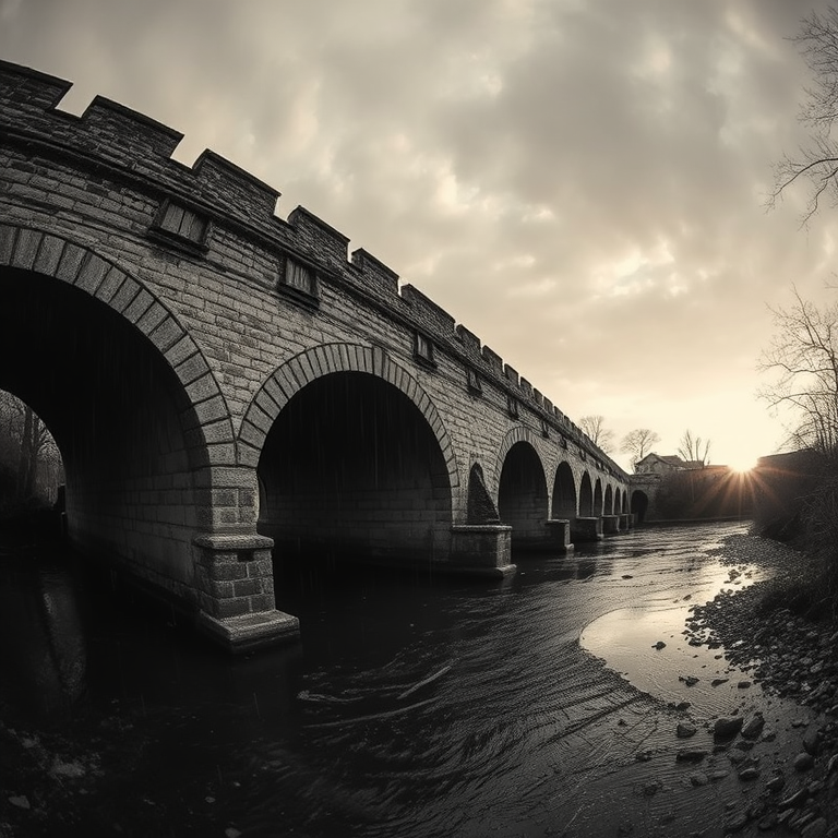 retro vintage photo, a medieval stone bridge over a river, at sunrise, with rain reflections, monochrome black and white, fish-eye lens, moody atmospheric lighting, ultra high resolution, cozy and warm