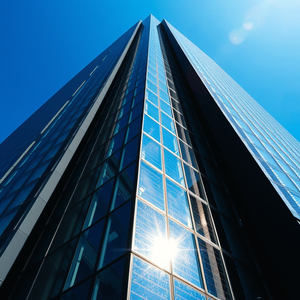 impressionist painting, a modern glass skyscraper, at midday, with clear blue sky, deep rich jewel tones, macro extreme close-up, rim lighting, professional photography, dramatic and powerful