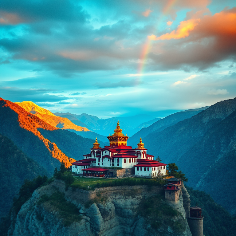 watercolor painting, a Tibetan monastery in mountains, during golden hour, with rainbow in background, teal and orange, bird eye view, dramatic side lighting, RAW photo, whimsical and playful