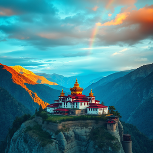 watercolor painting, a Tibetan monastery in mountains, during golden hour, with rainbow in background, teal and orange, bird eye view, dramatic side lighting, RAW photo, whimsical and playful