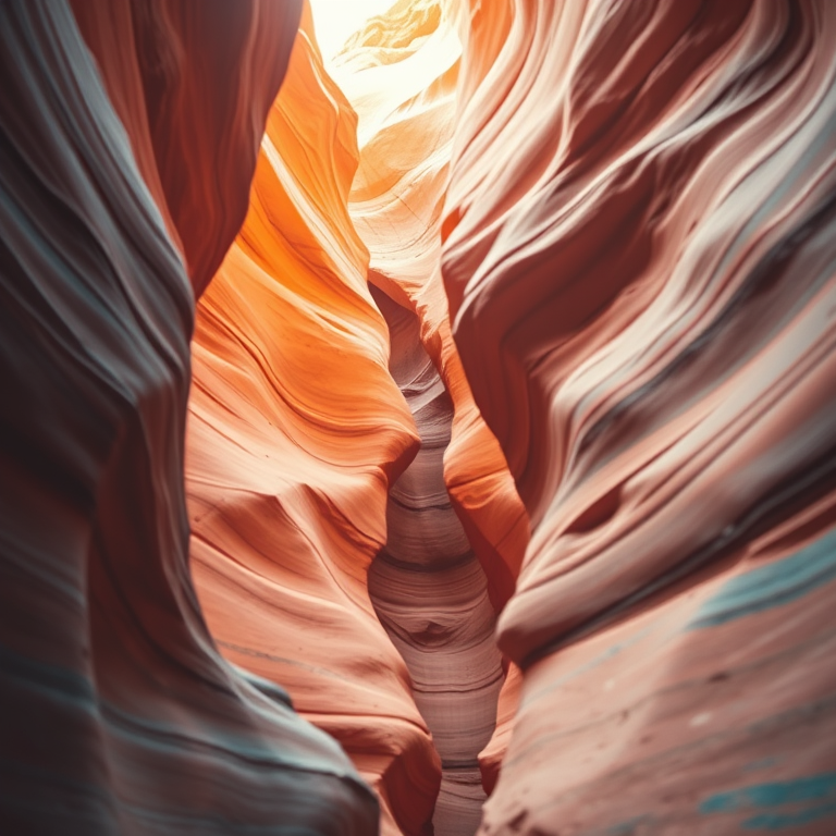 abstract art, a canyon with layered red rock, at midday, with gentle breeze, teal and orange, telephoto compression, soft diffused lighting, photorealistic, mysterious and ethereal